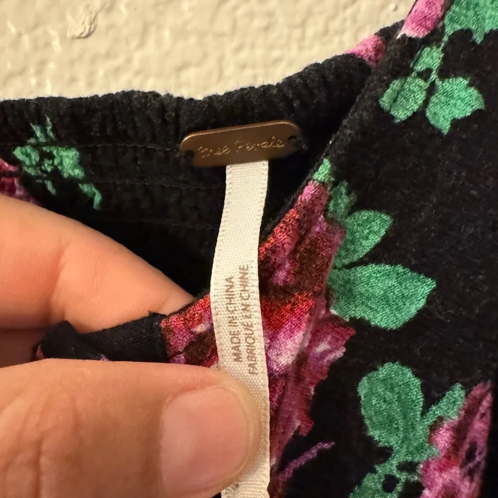 Free People Black Floral Blouse with Button Accents